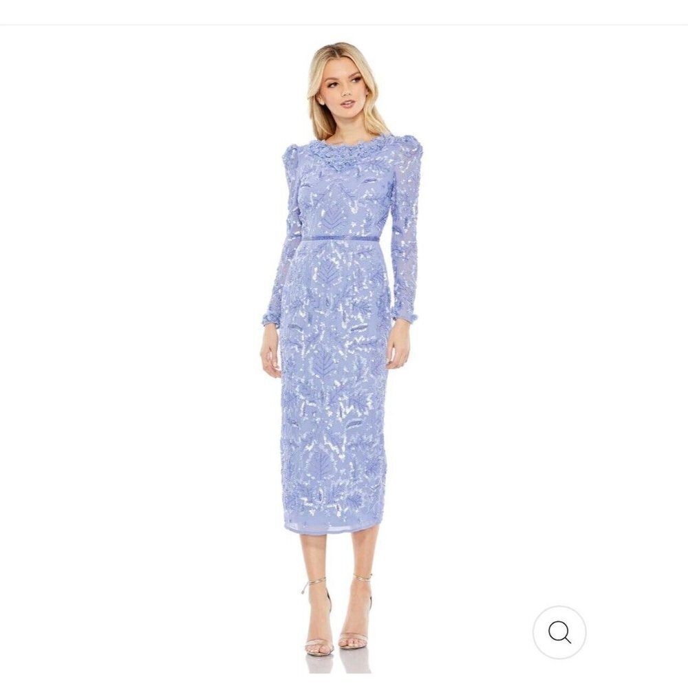 MAC DUGGAL 93595 Ruffle Long Sleeve Sequin Tea Length Dress Periwinkle Sz. 2 NWT